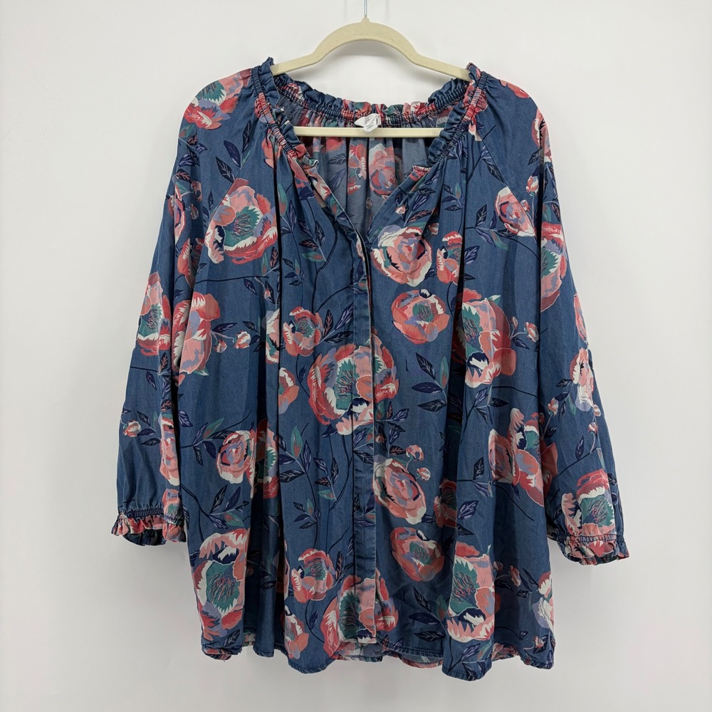 Intro Womens 2X Blue Floral Peasant Blouse Lyocell Button Front 3/4 Sleeve Top
